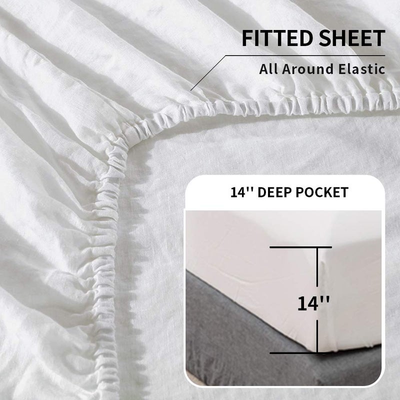 Simple&Opulence Belgian Linen Sheet Set Solid Color - 4 Pieces (1 Flat Sheet, 1 Fitted Sheet & 2 Pillowcases) Natural Flax Cotton Blend Soft Breathable Farmhouse Bedding - Full Size, White - Image 3